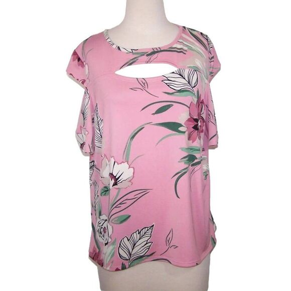 BonWorth Shirt Top LP Cutout Floral Stretch Flowy Short Cold Shoulder Sleeve - Picture 1 of 9